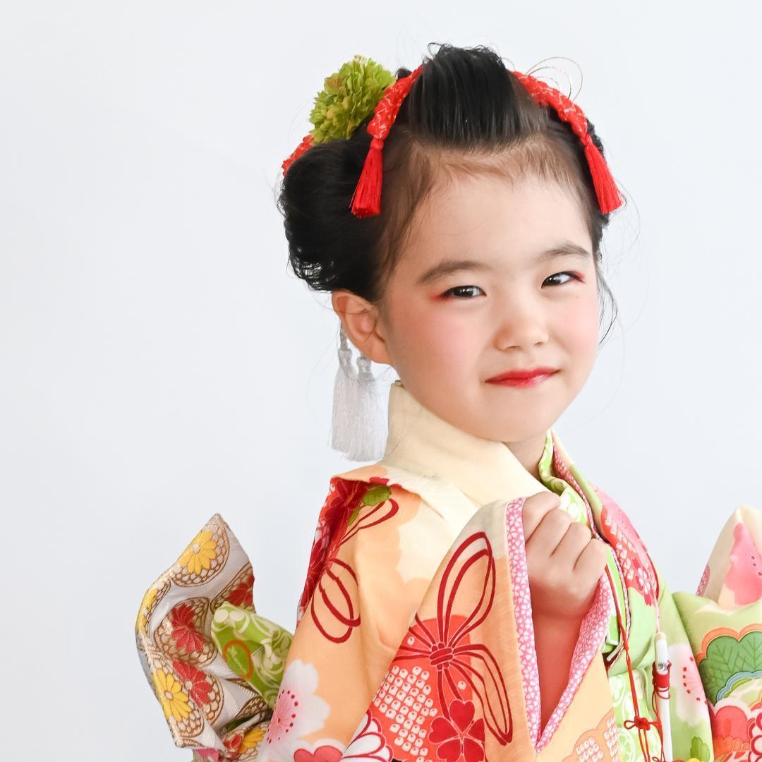 【S】七五三7歳/3歳髪飾り緑E 日本髪かのこ（鹿の子）ちんころ/水引き 七五三7歳/3歳髪飾り緑/黄色E】日本髪かのこ（鹿の子）ちんころ