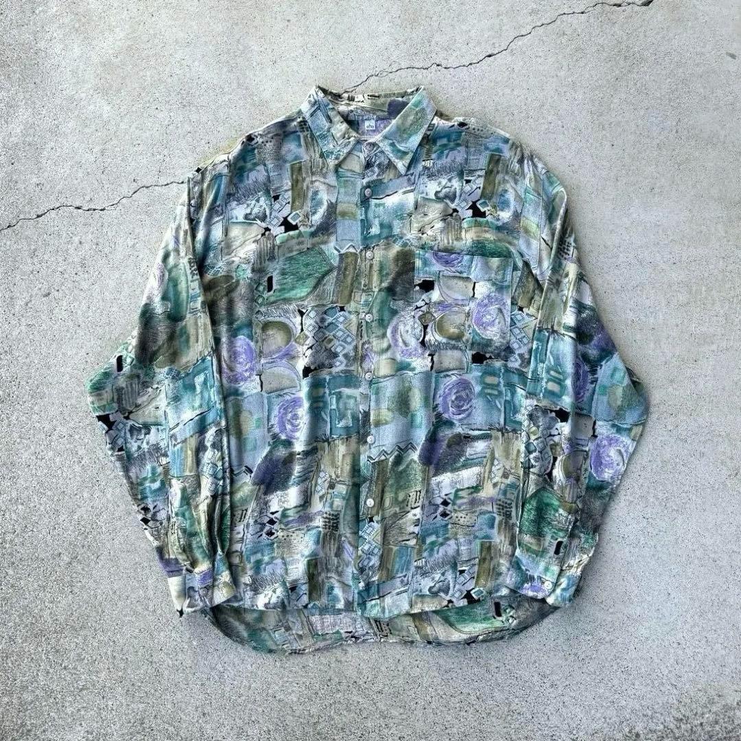 ヴィンテージ 古着 90s 総柄 レーヨンシャツ 長袖 幾何学 柄シャツ L