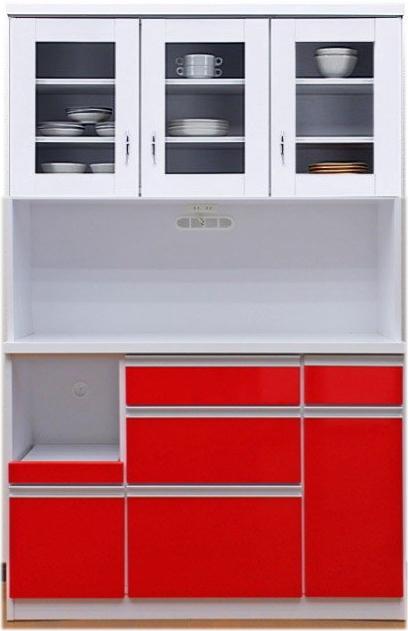 未使用品ハイグロス120cm幅 レッド食器棚 開き戸 スライドレール付き 赤色