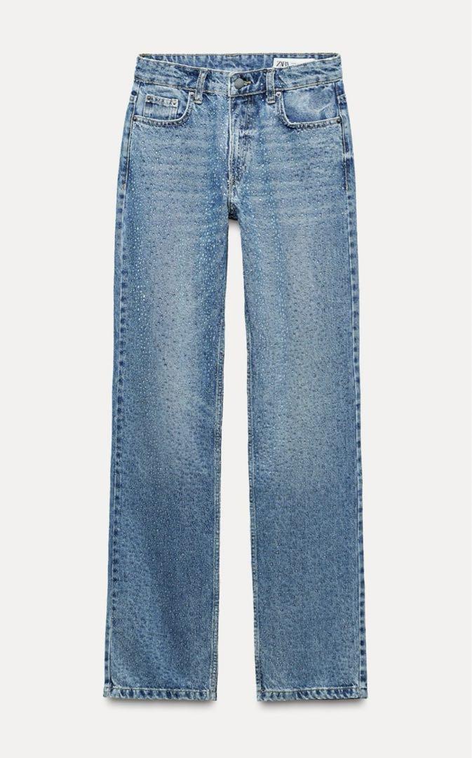 ZARA ラインストーンストレートデニムパンツ 34サイズアウト