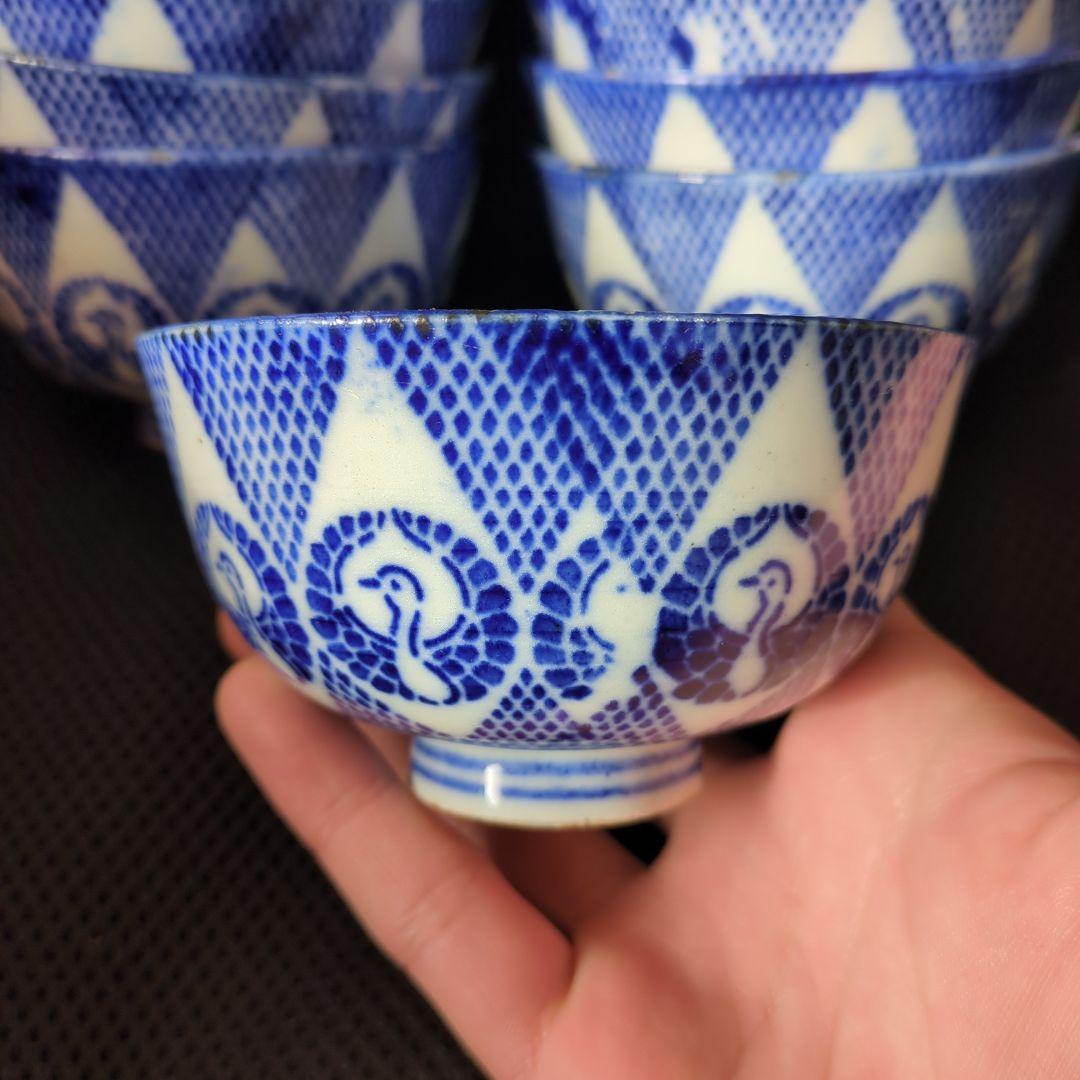 明治印判　鶴文様　飯茶碗型紙刷り　骨董　うぶ　ベロ藍