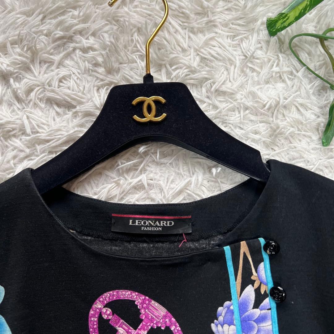 レオナール ロングワンピース 花柄 トリム ブラック シルク混 M