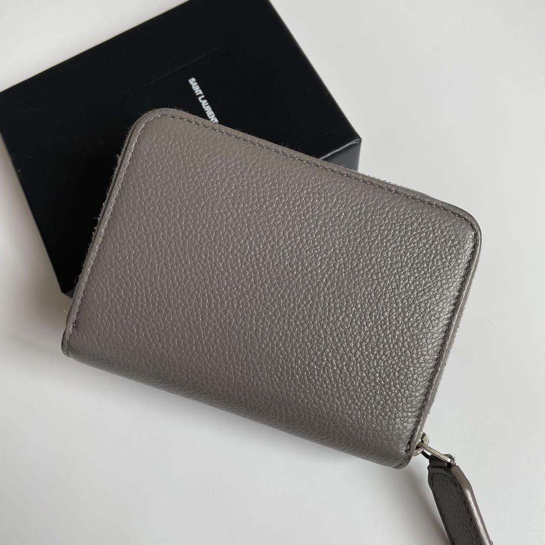 サンローラン 二つ折り財布 YSL リヴゴーシュ レザー グレー シボ革 極美品】サンローラン 二つ折り財布 YSL リヴゴーシュ レザー グレー