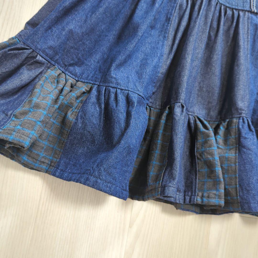 ハンドメイド　古着リメイク　デニム　チェック　ロングスカート
