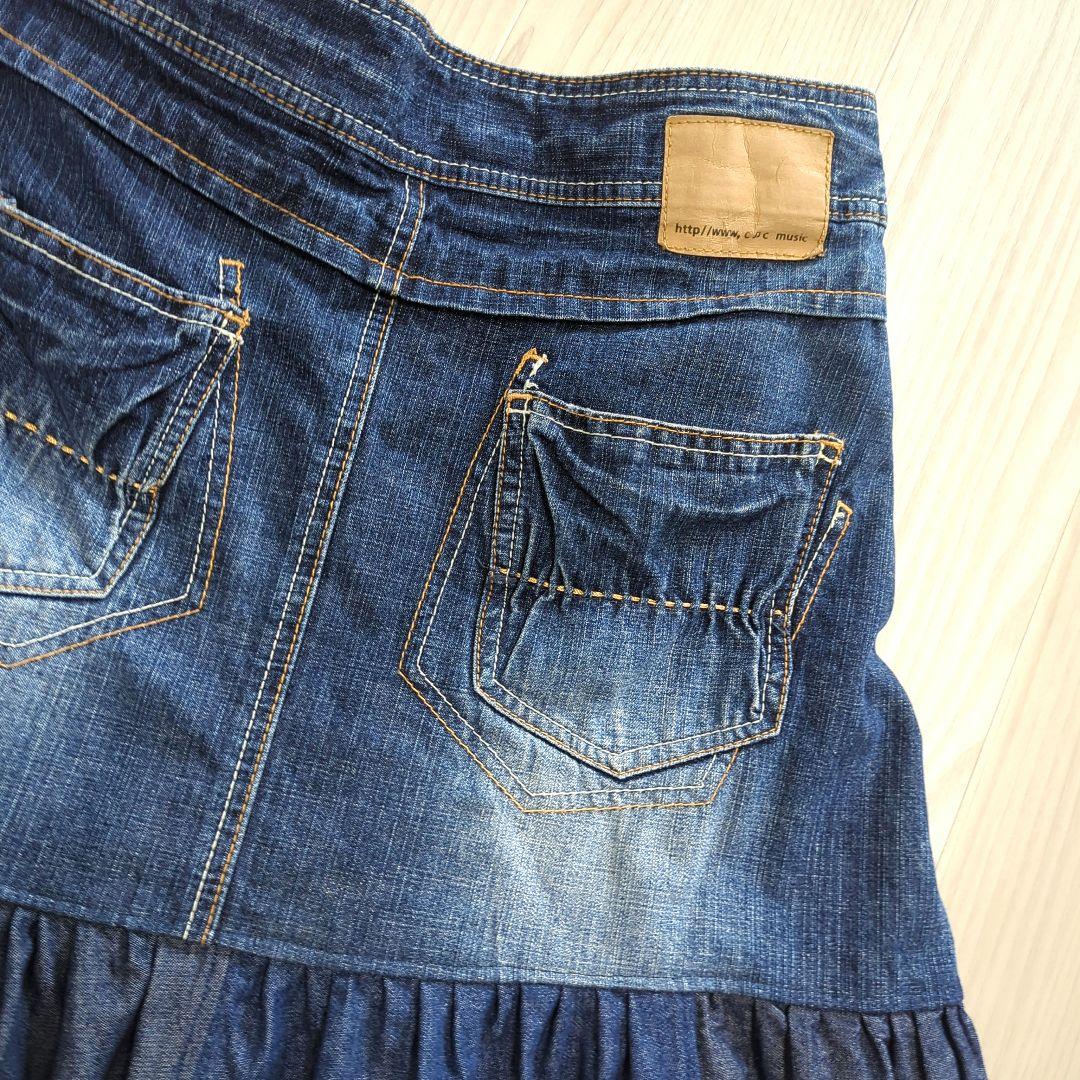 ハンドメイド　古着リメイク　デニム　チェック　ロングスカート