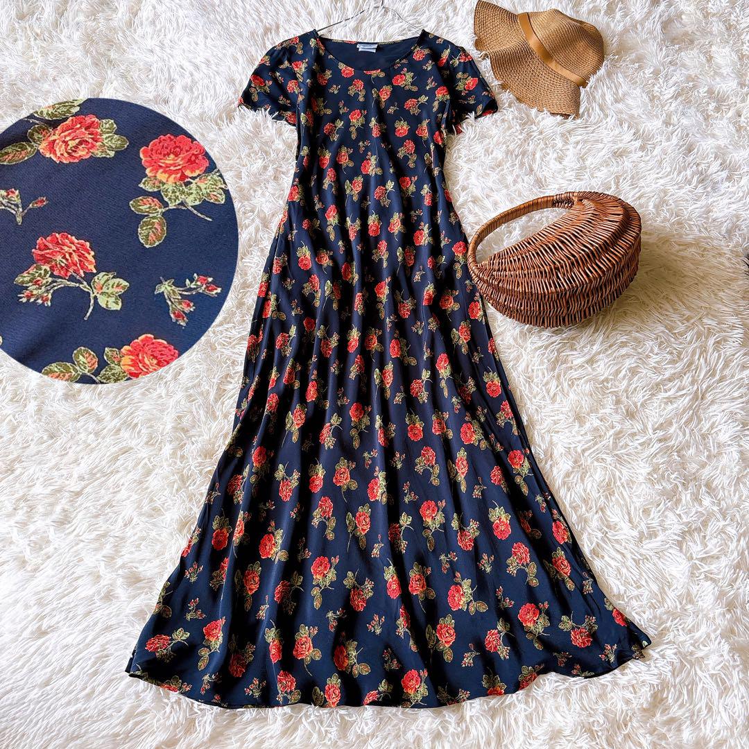 ローラアシュレイ ロングワンピース 半袖 花柄 ネイビー Lサイズ