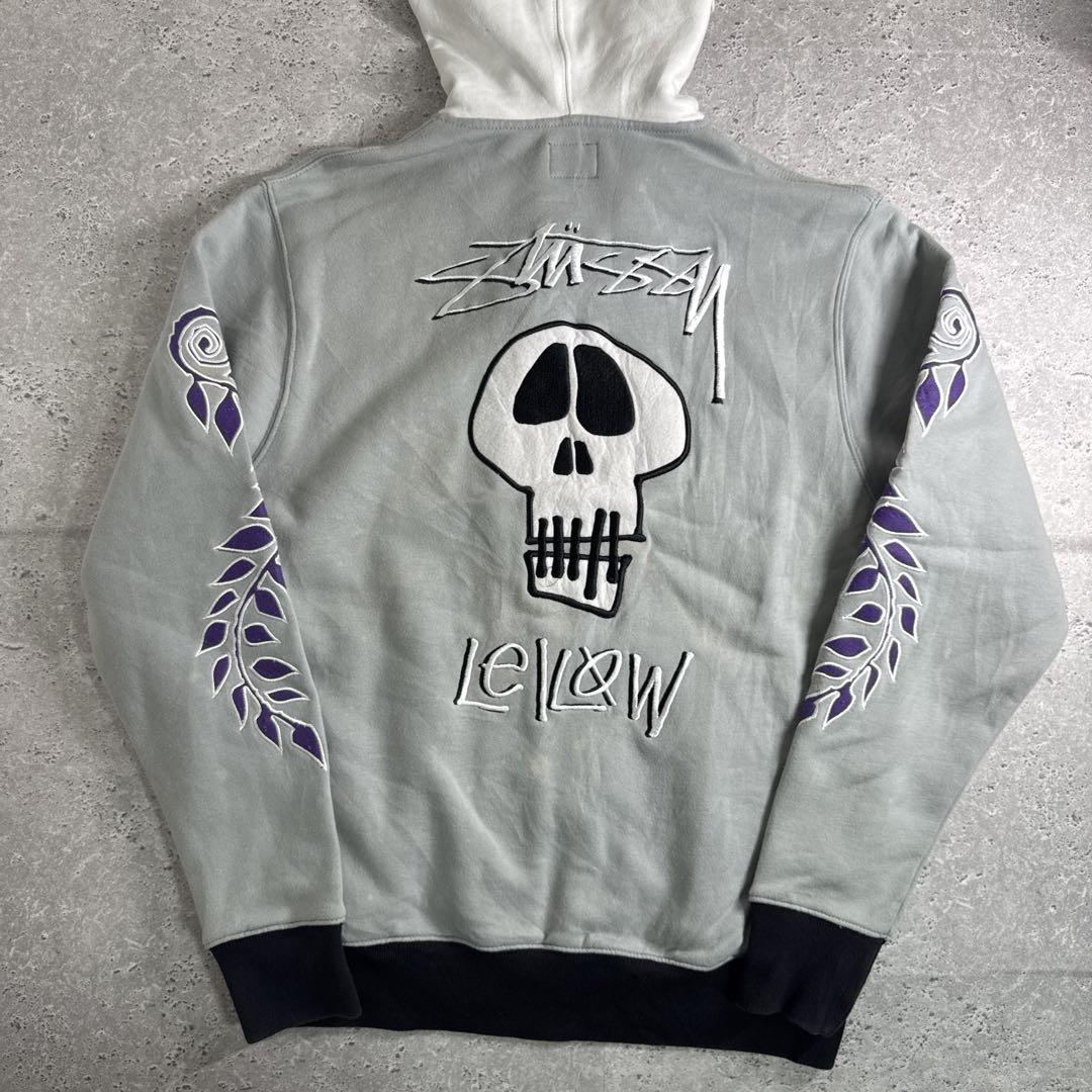 stussy×Leilow刺繍 スカルロゴ ジップアップ パーカー グレー M