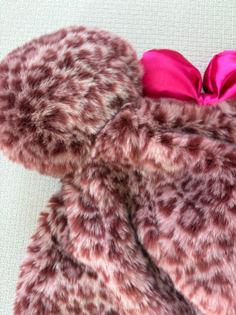 ミニーちゃん ディズニー ヒョウ柄ファー帽子 ピンクリボン付き