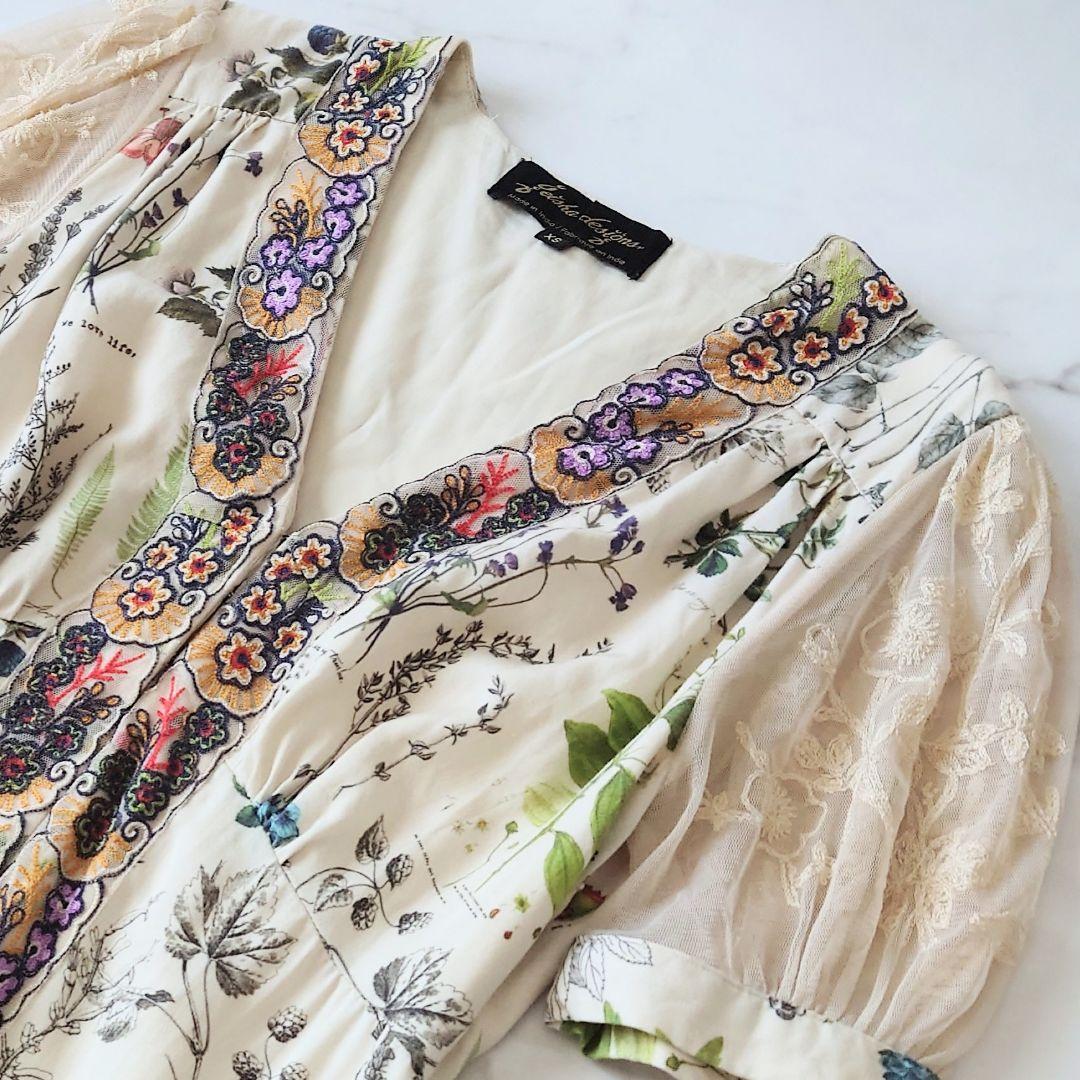 b 刺繍 ボタニカル柄 ロングワンピース レース袖 エスニック 花