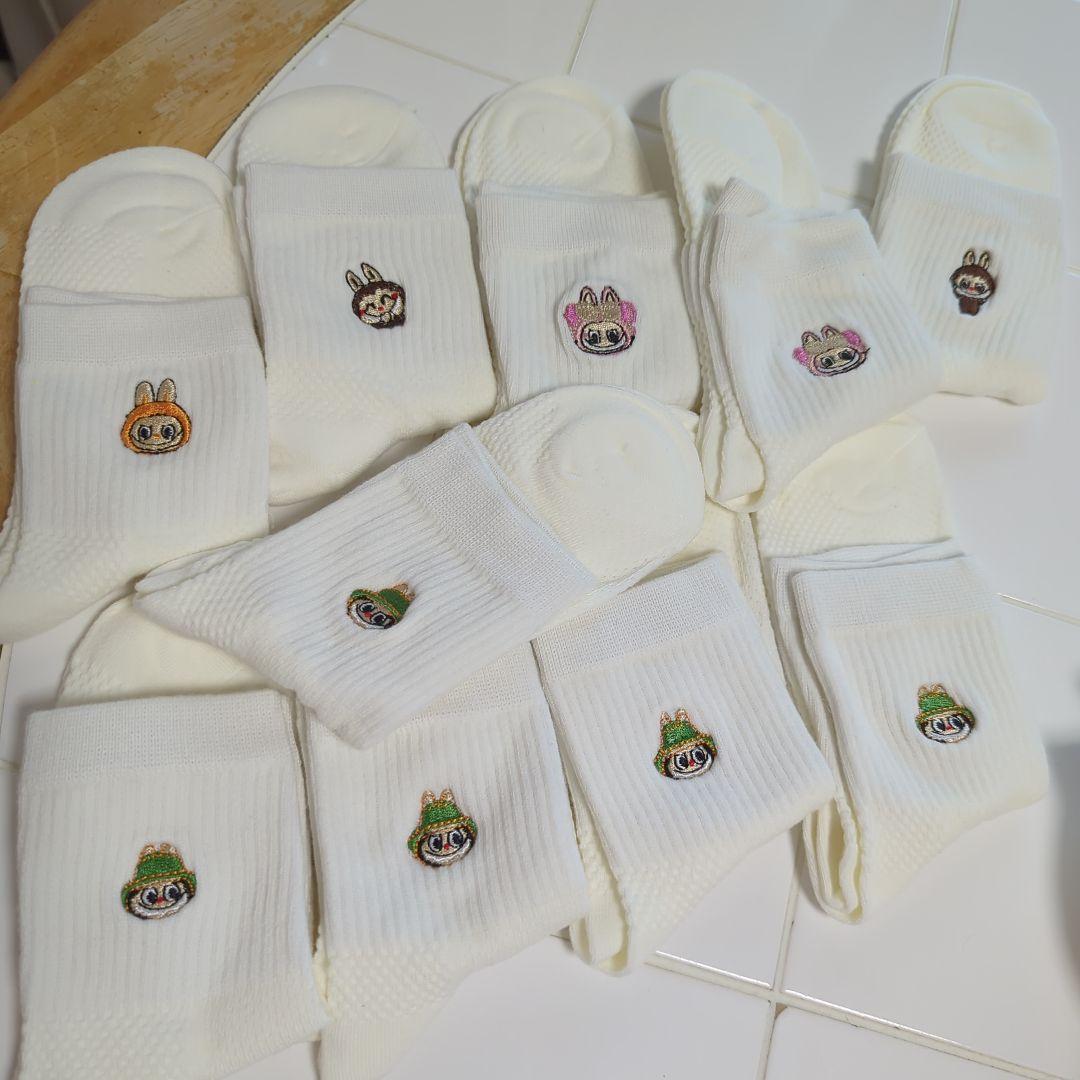 labubuキャラクター刺繍ホワイトソックス 抗菌防臭子供から大人