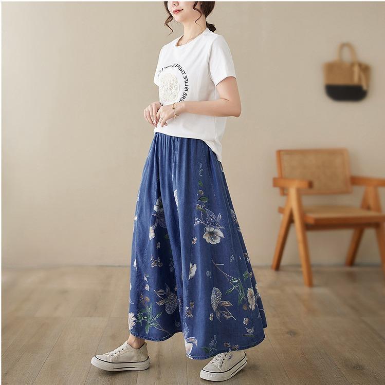 大きいサイズ レディース 花柄　スカート　春夏 秋 新品 ブルー　デニム