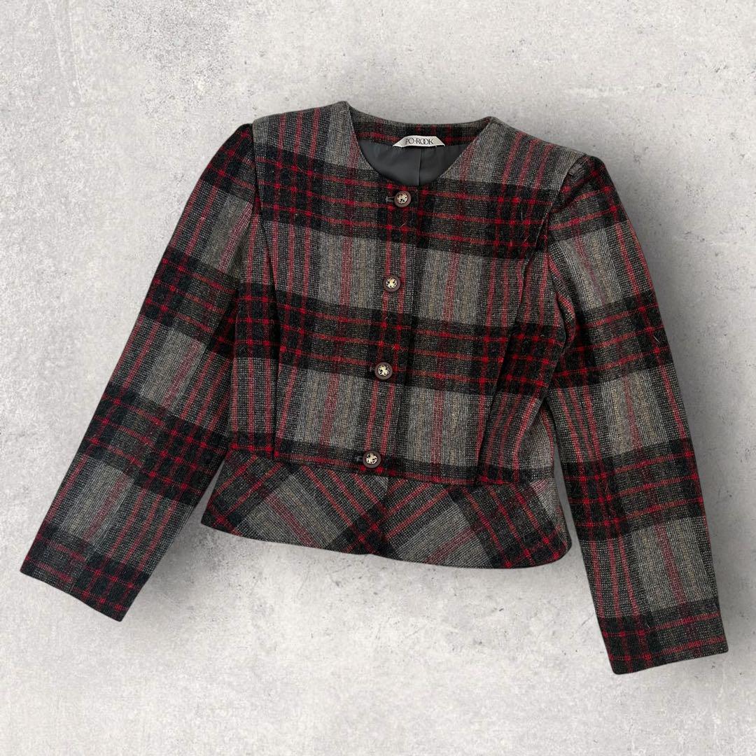 【PO ROOK】美品 ノーカラージャケット ショート丈 短丈 チェック レトロ 4,887円