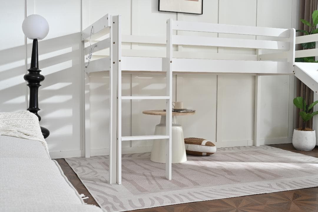 ロフトベッド 頑丈 ロータイプ 階段付き 天然木 コンセント付き White