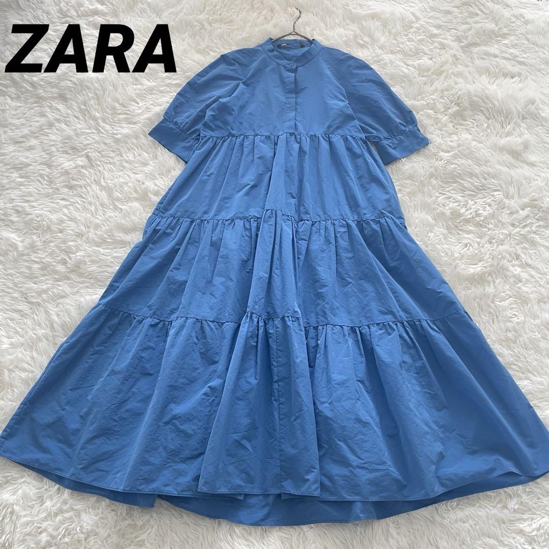 新品☆ZARA ザラ パフスリーブプリーツワンピース L Blue パフスリーブ ZARA(ザラ) - 海外通販のBUYMA