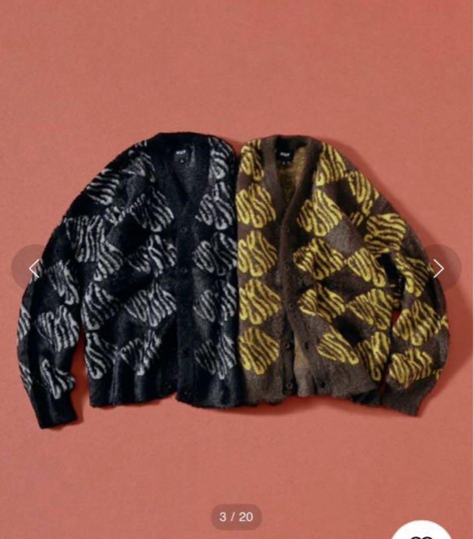 HUF ハフ パターン入りブラックカーディガン モヘア