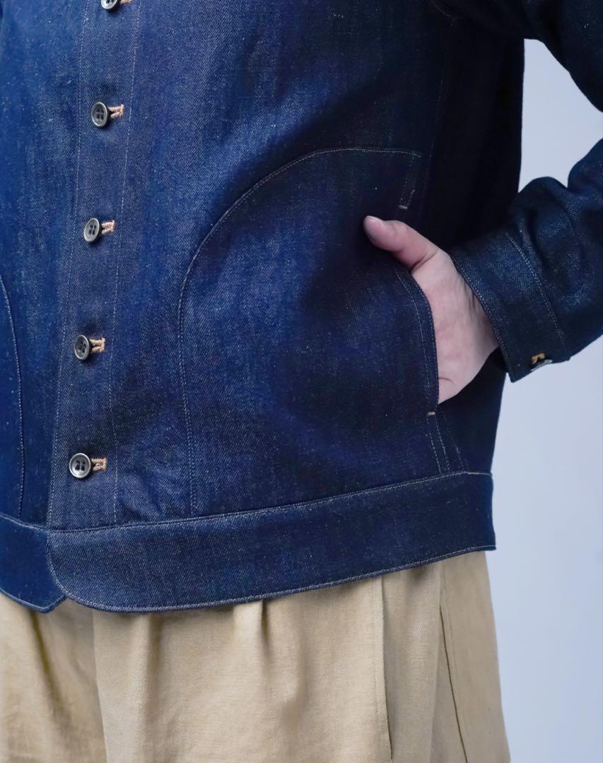 wafu ＊新品＊ リネンデニム ノーカラージャケット/ダークインディゴ