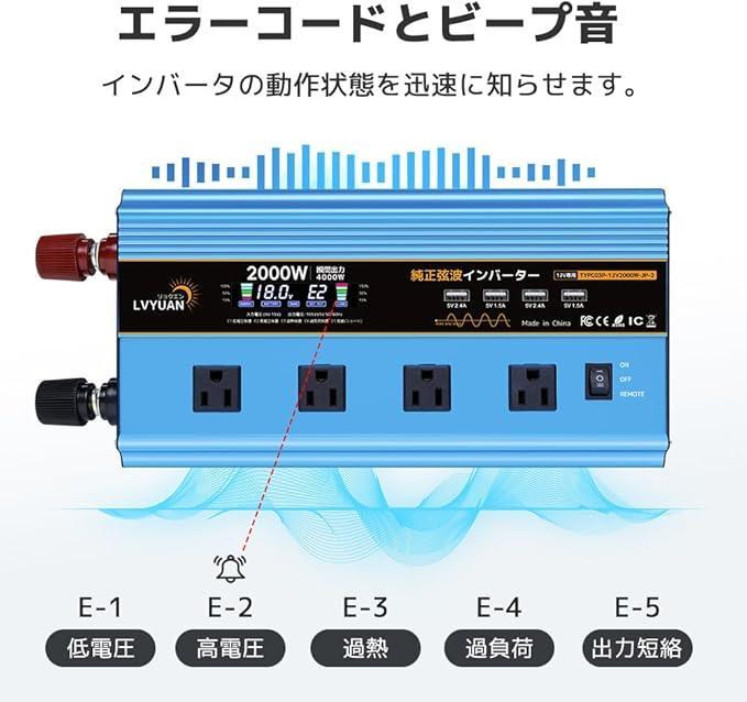 2000W 純正弦波インバーター USBポート4つ