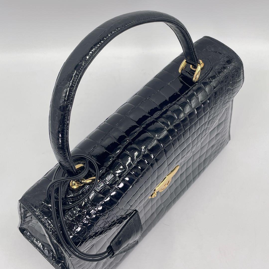 【美品】シャイニークロコ ハンドバッグ 2way ショルダー センター取り 黒 美品】シャイニークロコ ハンドバッグ 2way ショルダー センター