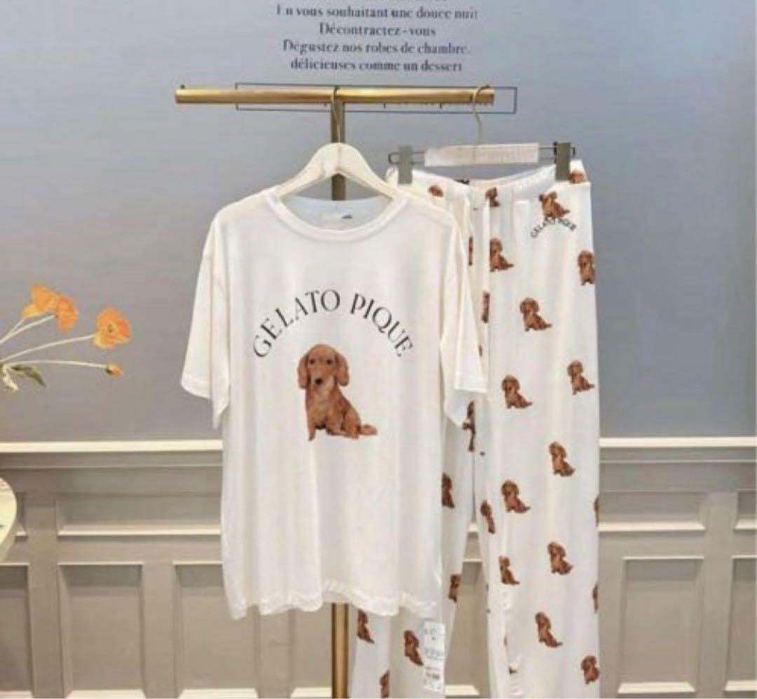 ジェラートピケ　DOG柄ワンポイントTシャツ&ロングパンツ　ダックス