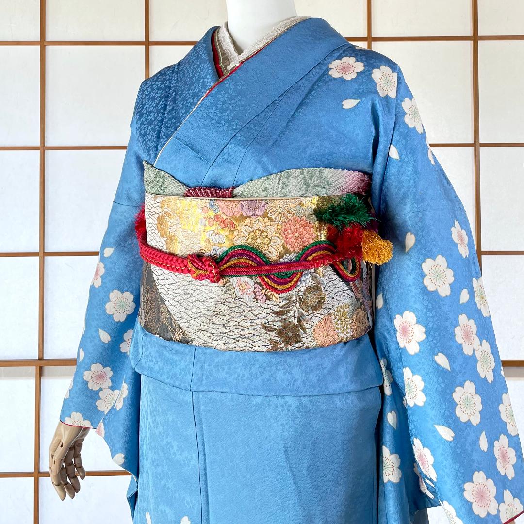 大振袖 正絹 金彩刺繍 絞り 桜 身丈171.5cm 成人式 着物 A-0319