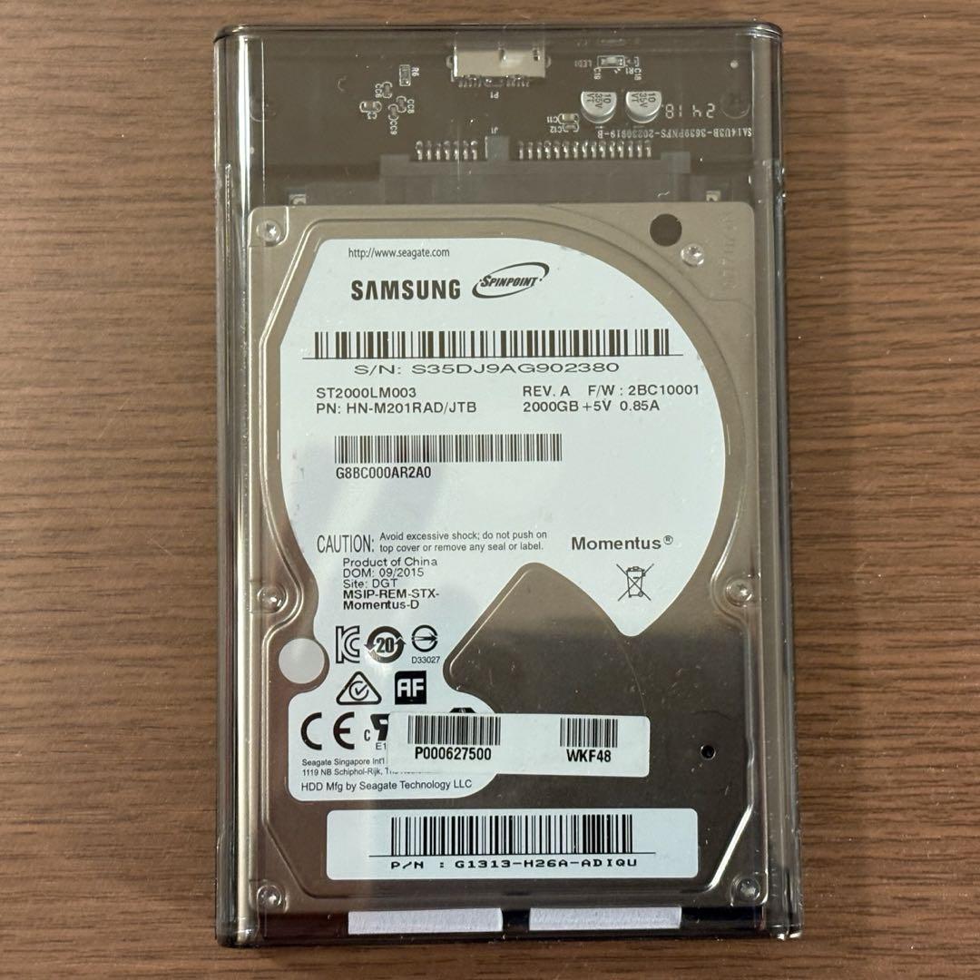 2TB ポータブルHDD ST2000LM003 ケース付き／SMART正常