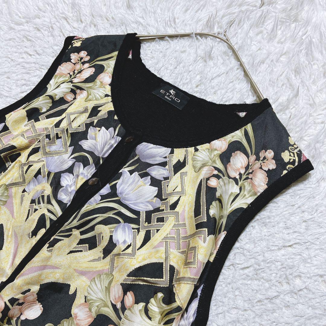 碧の宝石 ☆エトロ　ニットベスト　シルク　ウール　花柄　異素材　切替