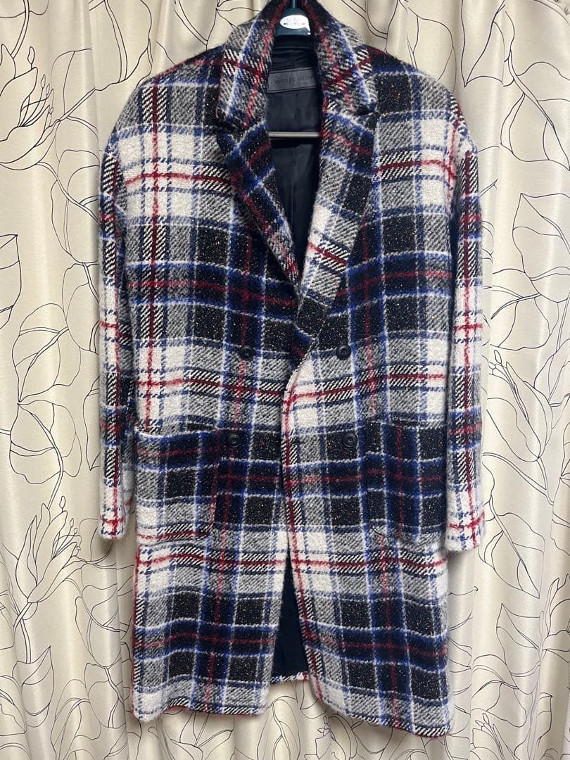 チェック柄 ウール混紡 チェスターコートL