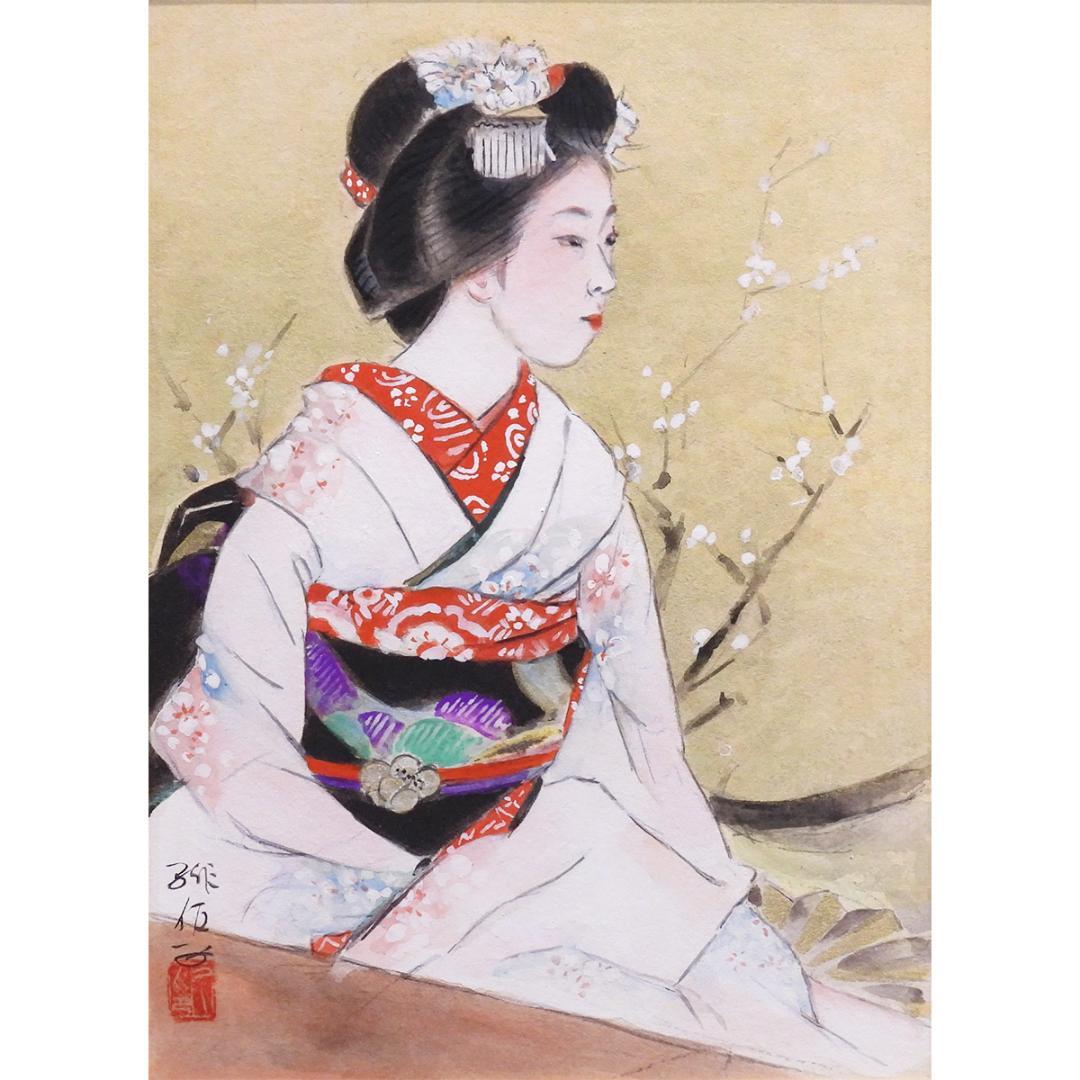 梶原緋佐子 早春 日本画 人物画 共シール 美人画 舞妓 原画 絵画 真作保証 梶原緋佐子 早春 日本画 人物画 共シール 美人画 舞妓 原画 絵画