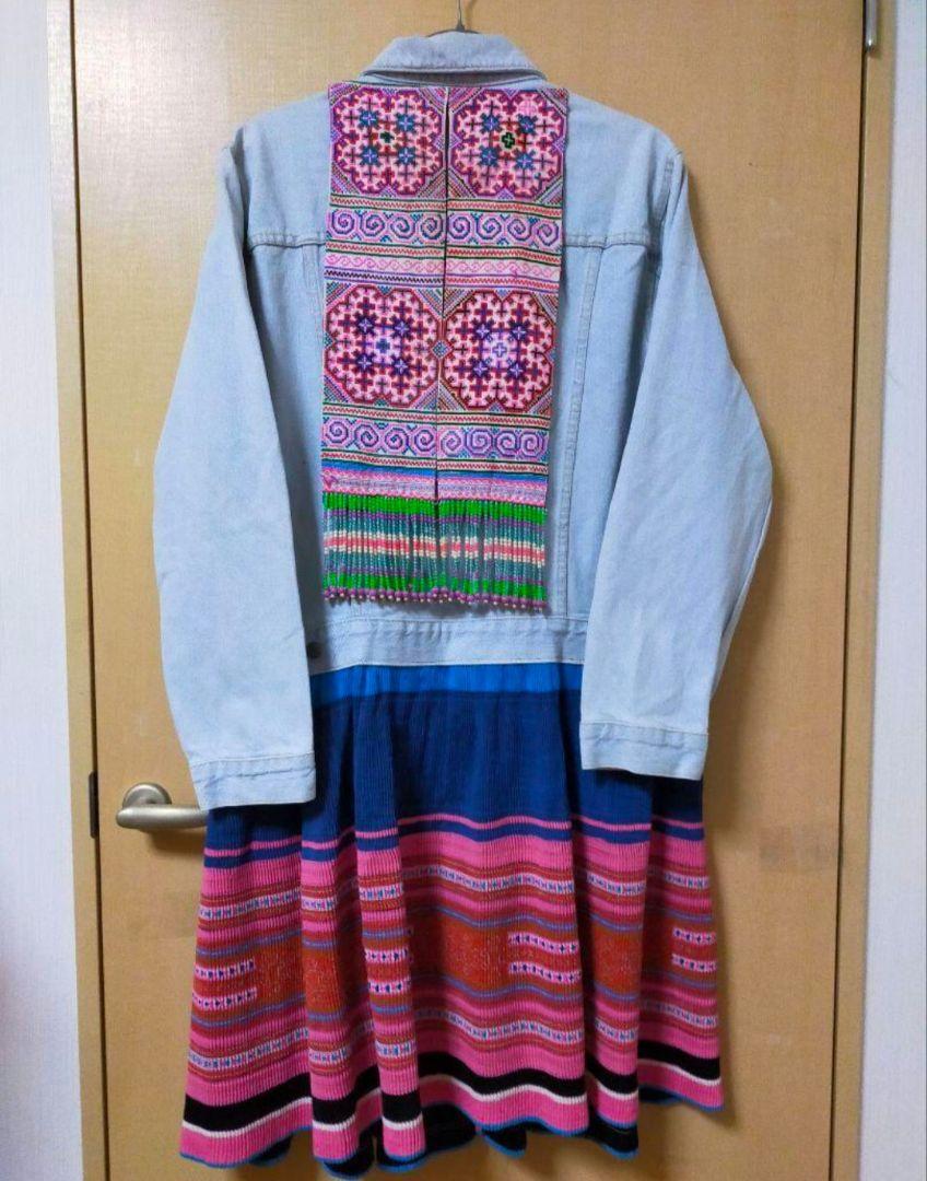 魅力の エスニック デニムDIY ロング ハンドメイド リメイク モン族 ジャケット・アウター