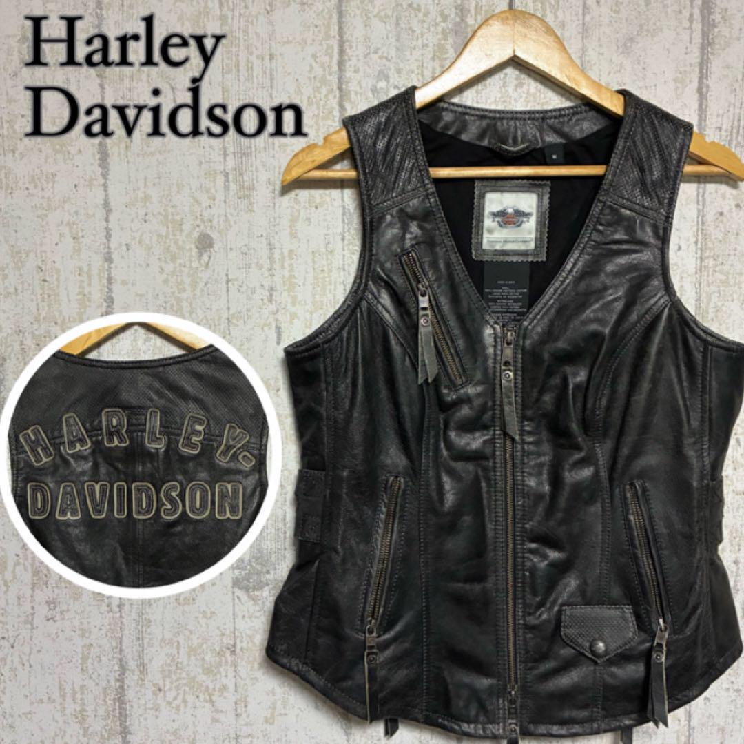【貴重】Harley-Davidson ベスト ゴートレザー 黒 グレー M