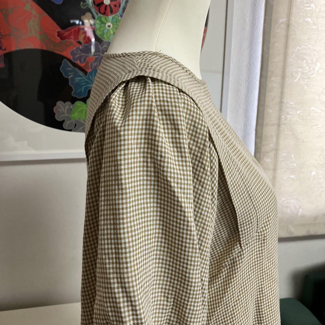 レトロガールベージュチェック柄 半袖ミニワンピース