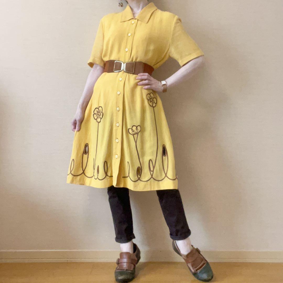 花刺繍 リネン混 膝丈ワンピース 昭和レトロ ヴィンテージ 日本製 黄色 個性的