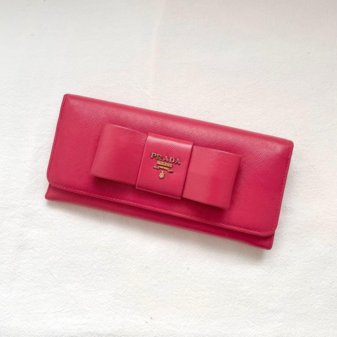 PRADA プラダ サフィアーノリボン フラップ 長財布 ピンク　1020-④