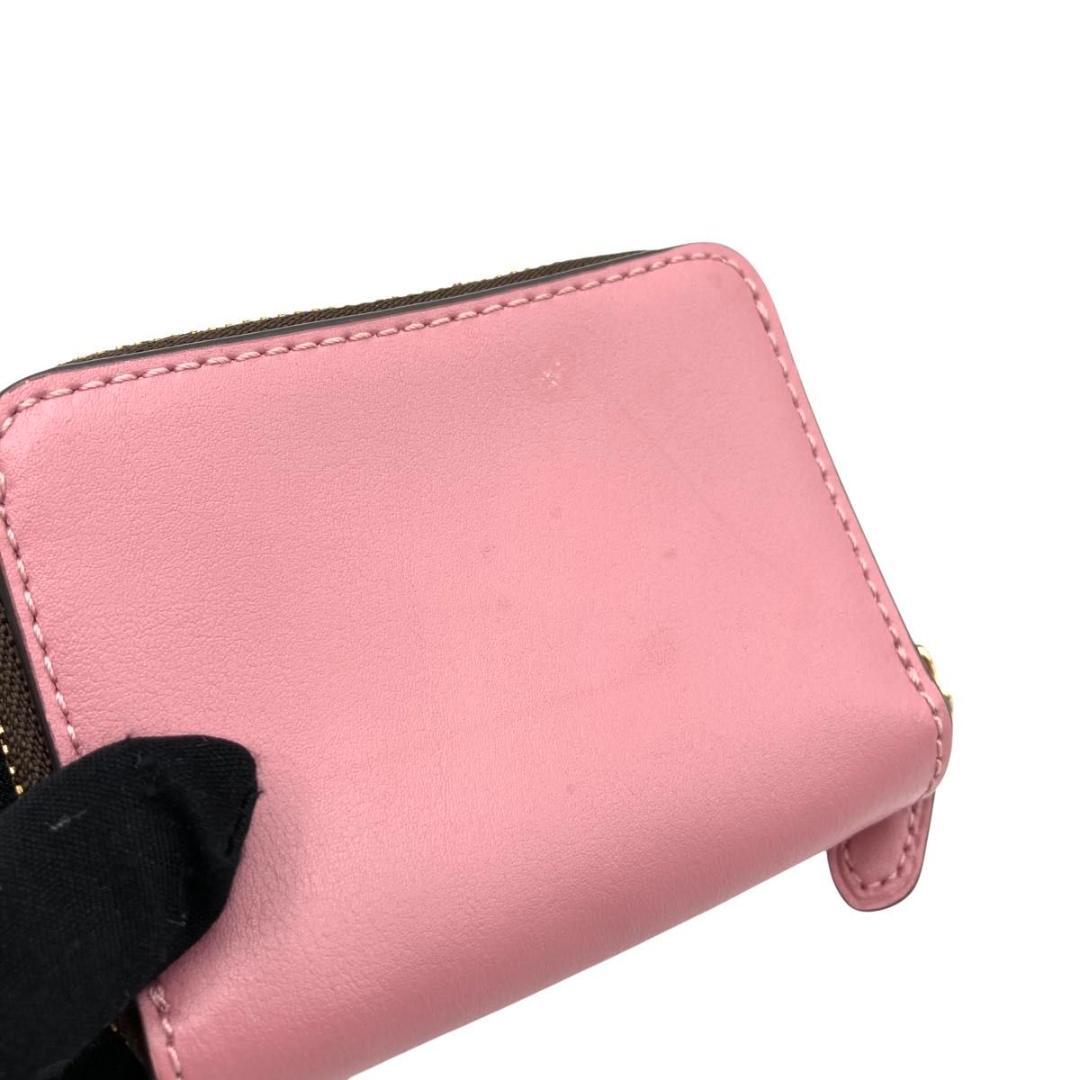 コーチ 三つ折り財布 ミニ財布　シグネチャー PVC レザー　ブラウン　ピンク