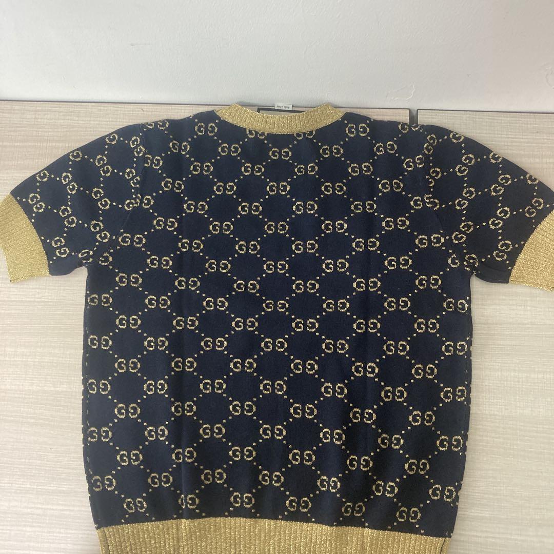 GUCCI ネイビー GGロゴ 半袖ニット GGコットンラメ トップス GGコットンラメ ファブリック トップスブルー/ゴールド コットン