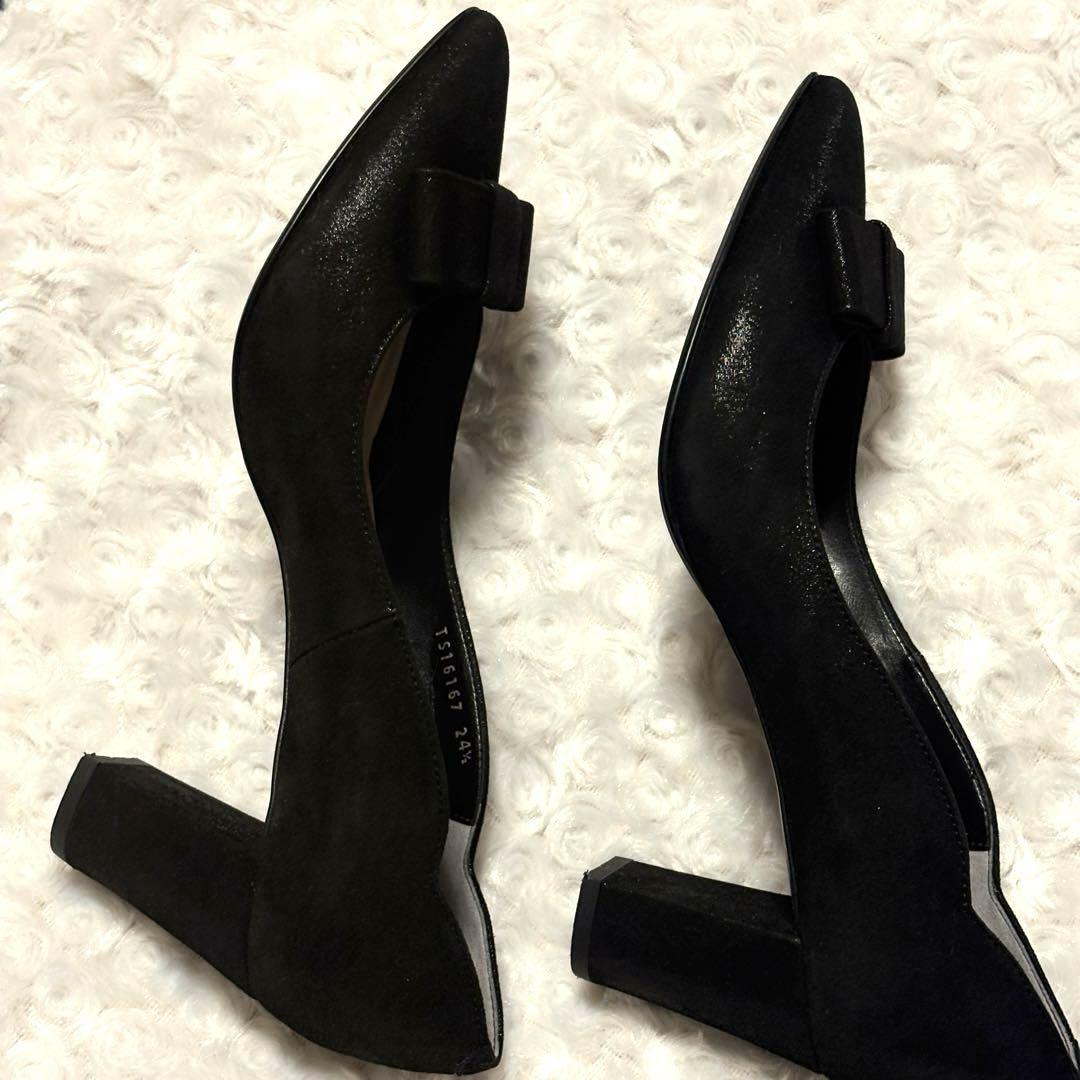 【美品】ダイアナ パンプス リボン ポインテッドトゥ 黒 デザインカット