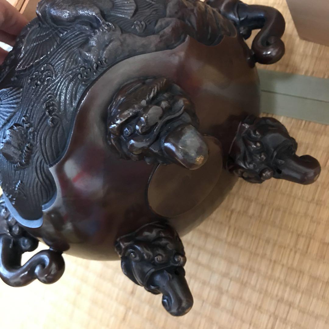 高岡製銅香炉獅子松梅鳥彫刻箱付き高さ36cm大香炉