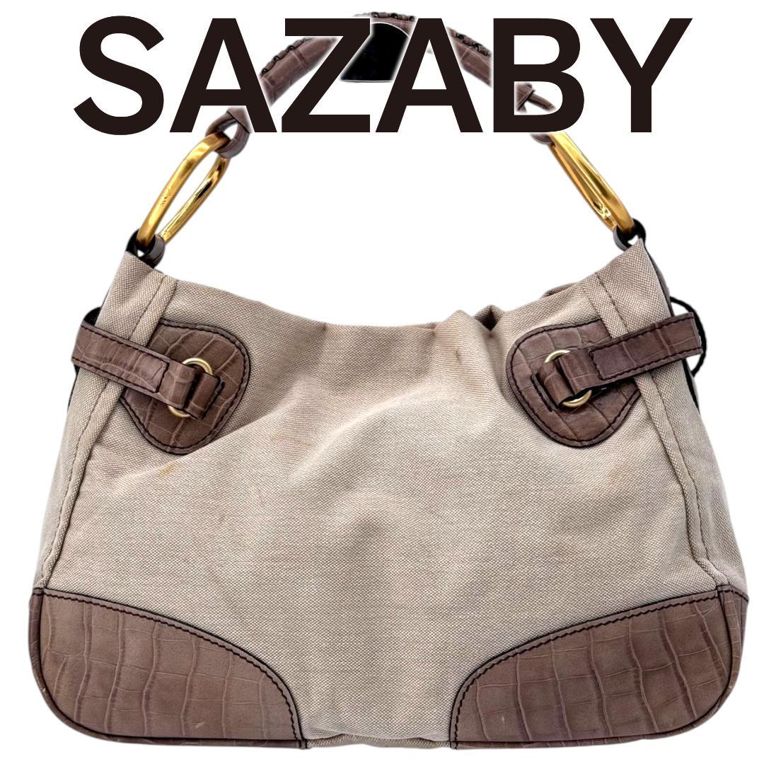 SAZABY ハンドバッグ キャンバス レザー ブラウン カーキ