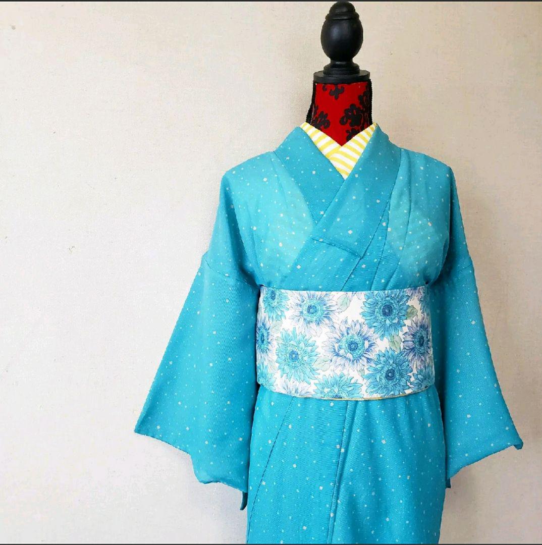 【半幅帯】 向日葵の咲く頃/青いヒマワリと刺繍コットンレースイエロー /黄色