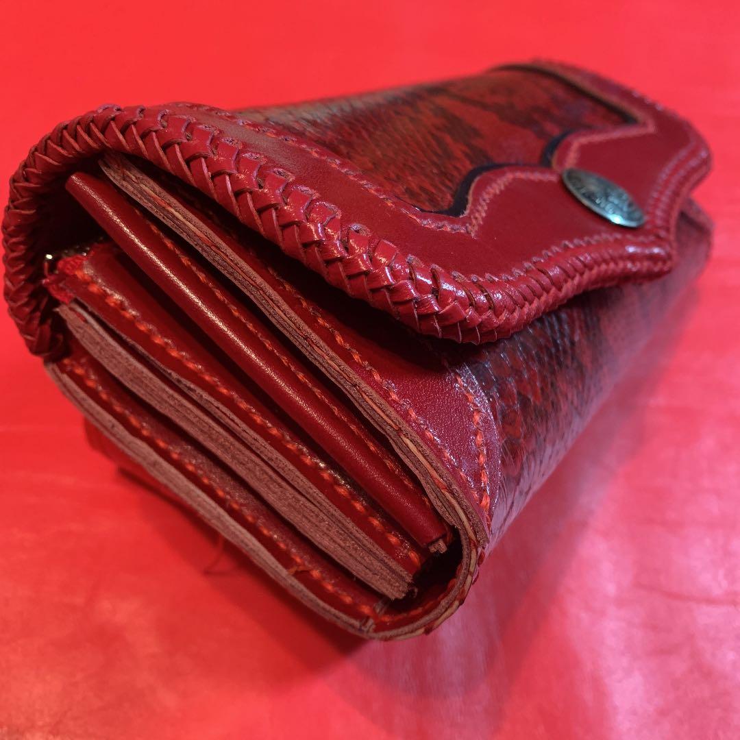 ハンドメイドレザークラフト赤色ダイヤモンドパイソン赤色牛革長財布牛