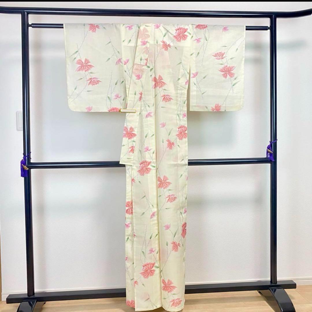 ZY-634 夏着物 小紋 紗紬 バチ衿 居敷当て付き 花柄 高級 - メルカリ