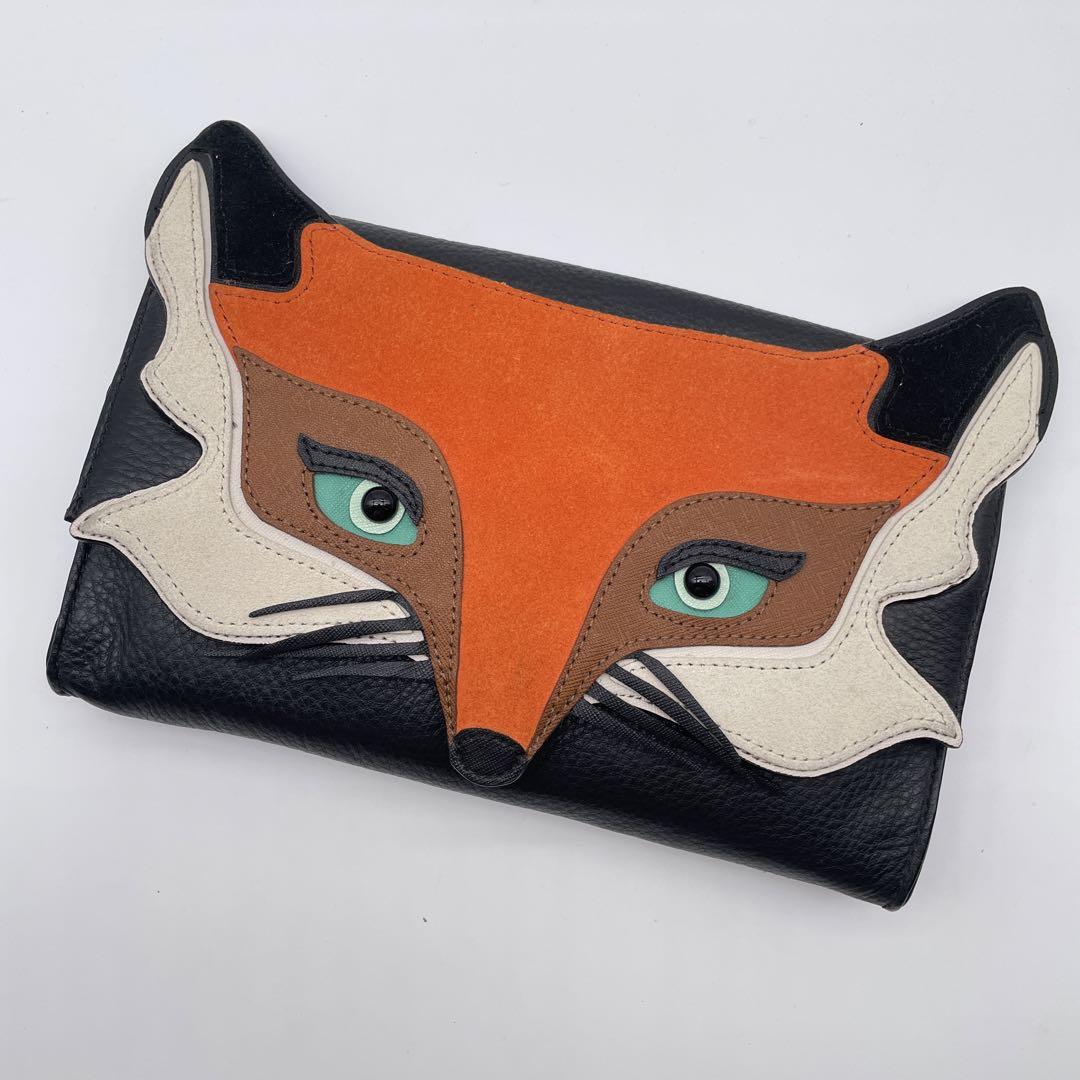 美品✨ ケイトスペード　フォックス　レザー　クラッチバッグ　プレート　ブラック
