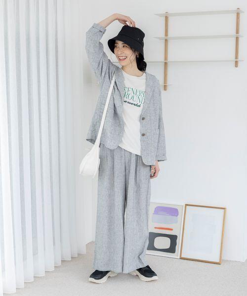 リネン100 タックワイドパンツ