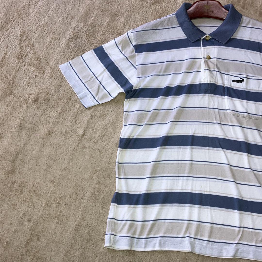 ☆LACOSTE ラコステ 半袖ボーダーポロシャツ M ホワイト ロゴ