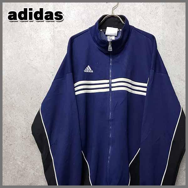 アディダス 刺繍ロゴ 3ライン ジャージ ネイビー L 90s 古着