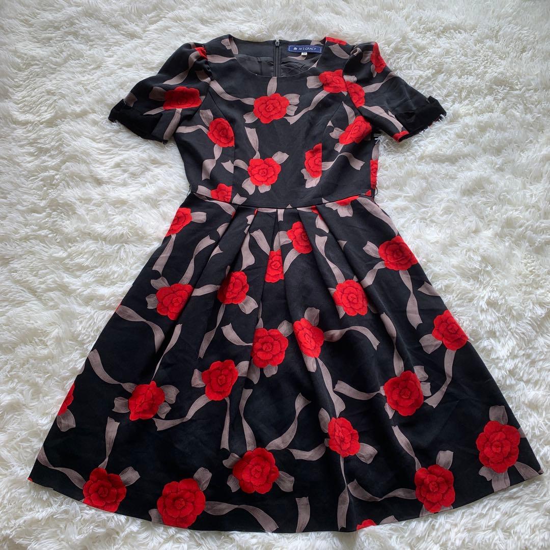 M'S GRACY 花柄ワンピース 38 黒ブラック×レッド赤　半袖薔薇柄バラ柄