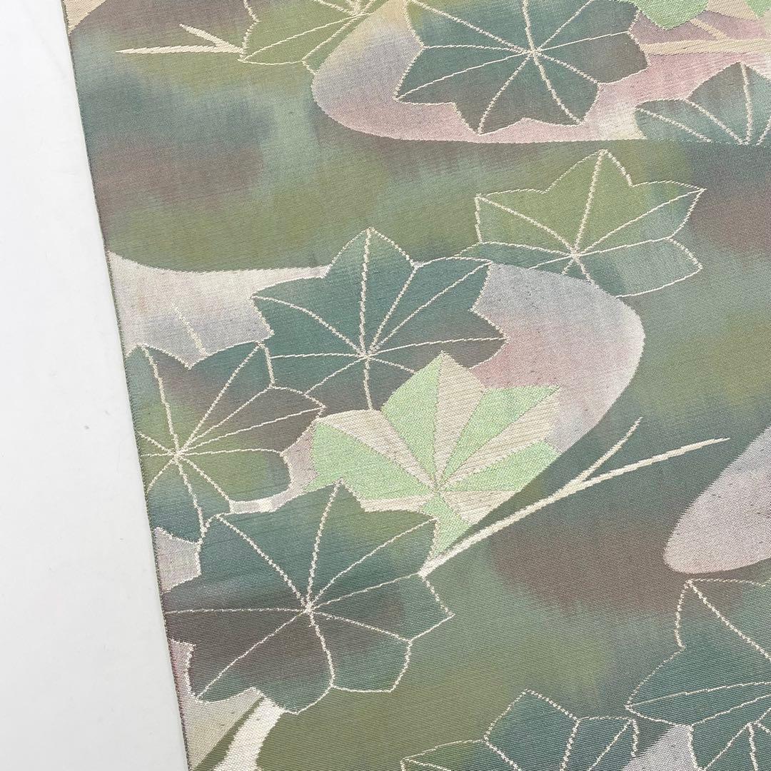 ［ 博多織 ］名古屋帯　正絹　緑系統　本場筑前博多織　本筑　植物　葉柄