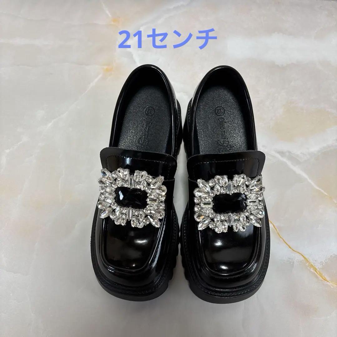 flelile ビジュー付きブラックローファー