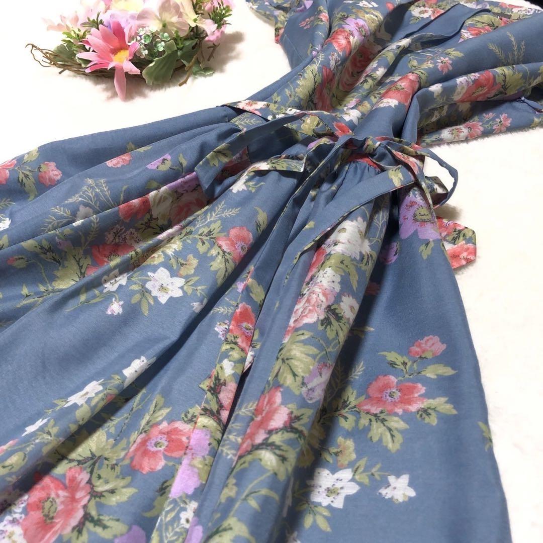 ローラアシュレイ シャツワンピース 花柄 Aライン 腰紐 サイズ