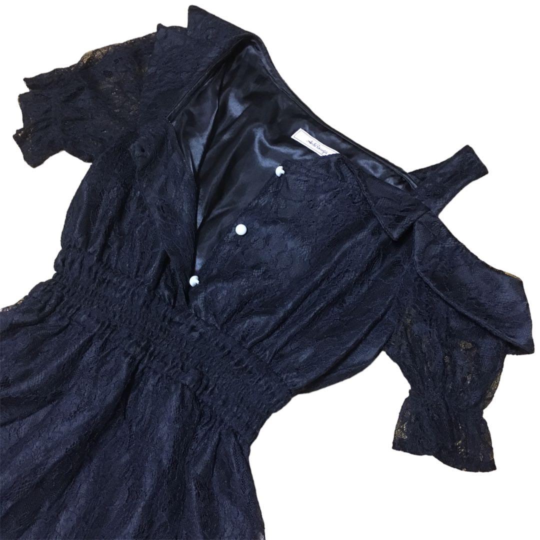 アシンメトリー半袖レースロングワンピース